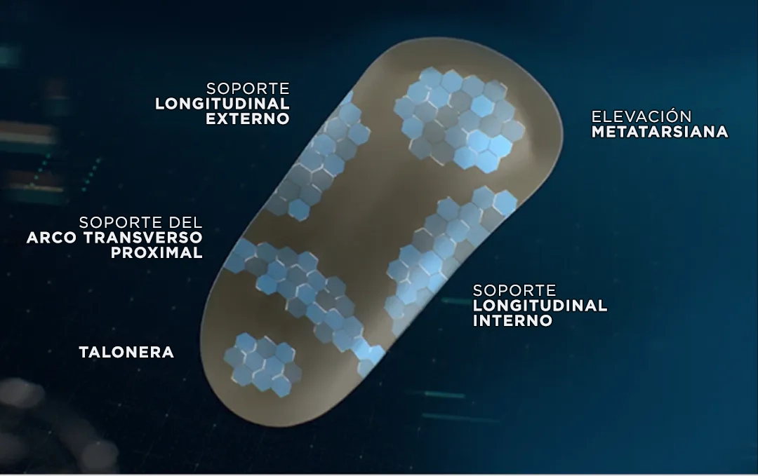 Ilustración mostrando diferentes áreas de soporte de buenos soportes para el arco de los pies